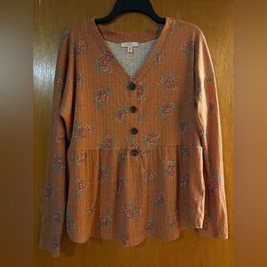 Como Vintage Floral Button-Up Blouse in Pretty Peach Size XL.